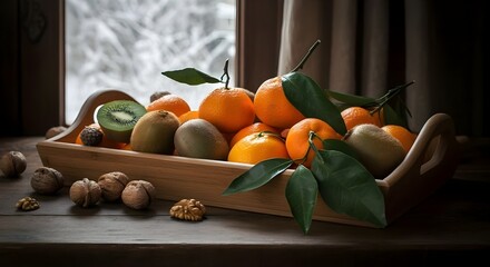 Dieta invernale con vitamine: agrumi, arance, mandarini, clementine, kiwi, noci e spremuta fresca