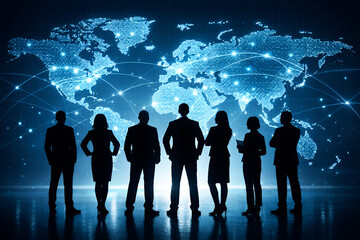 Global Business Team Silhouette with World Map Background