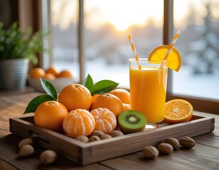 Dieta invernale con vitamine: agrumi, arance, mandarini, clementine, kiwi, noci e spremuta fresca