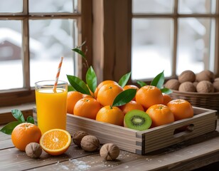 Dieta invernale con vitamine: agrumi, arance, mandarini, clementine, kiwi, noci e spremuta fresca