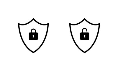 Shield lock and unlock padlock icon in outline style. Security, privacy protection, and access control symbol