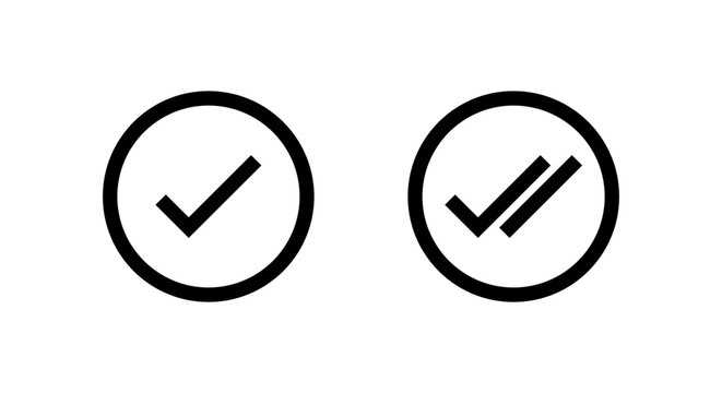 Tick and double check mark icon in circular outline. Sent message symbol