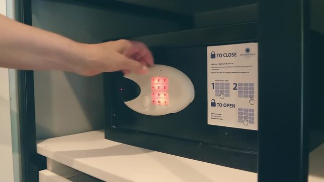 A woman's hand enters the code to open a compact safe, takes something out, then puts the item back and closes the door with a secret code. Closeup