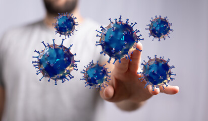 3D render of Coronavirus molecules near a human hand, symbolising a concept of spreading, touching. Useful for