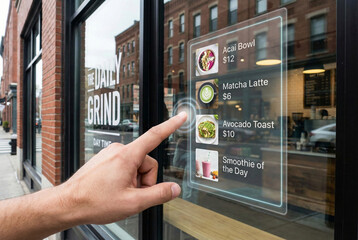 A first-person perspective shot of a hand touching a futuristic transparent digital interface projected onto a coffee shop window.