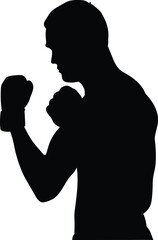 Muscular male boxer stands in a strong defensive stance with fists raised for protection