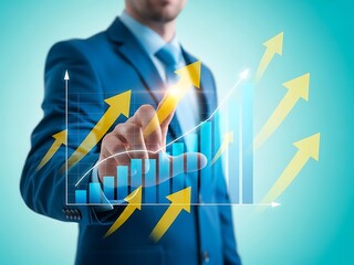 Businessman analyzing technology data graphs with increasing arrows