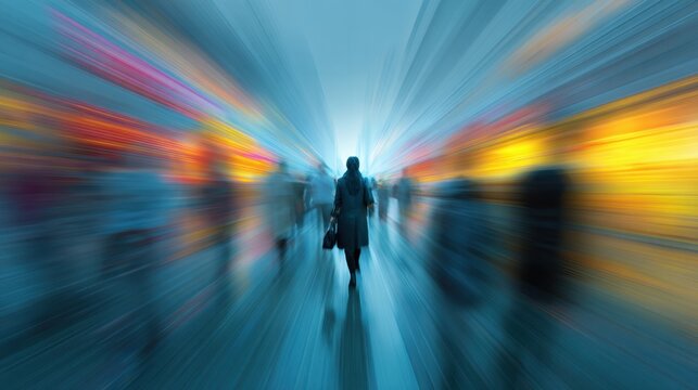 Many people walk along a busy street as bright lights and colors surround them. The scene captures the energy of a bustling urban environment in the evening.
