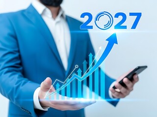 Businessman analyzing 2027 technology trends with smartphone and graph chart