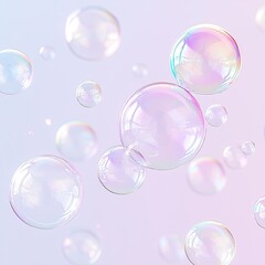 Iridescent soap bubbles drifting across soft pastel backdrop, creating ethereal scene with shimmering, delicate spheres reflecting rainbow like colors