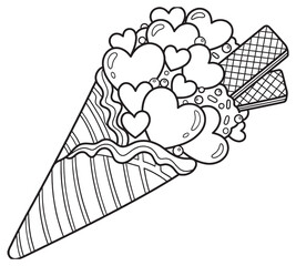 Doodle coloring book page cat with balloons. Valentine day illustration