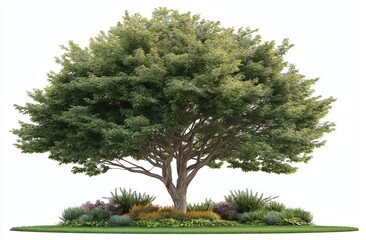 Large deciduous tree with lush green foliage and flowering shrubs at its base on a white background large tree