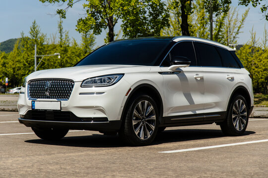 May 12, 2021, Seoul, South Korea - A white Lincoln Corsair SUV parked in an outdoor parking lot