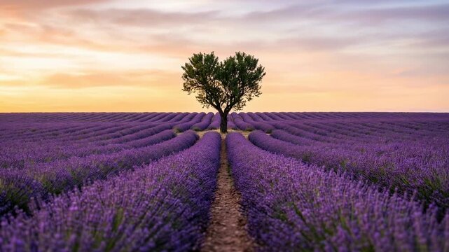 A heart-shaped tree amidst endless lavender fields, bathed in the soft hues of dawn, creating a serene and romantic landscape.