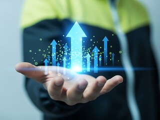 Unlocking future tech growth hand holding innovative digital arrows symbolizing progress and advancement