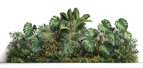 Lush tropical plant wall with large monstera leaves and dense foliage tropical plants jungle