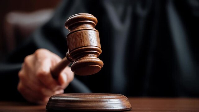 A judge hand holding a gavel in court.