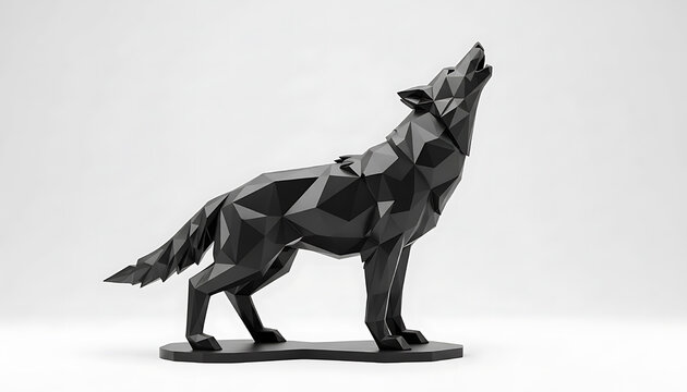 Minimalist Black Matte Low Poly Howling Wolf Sculpture, Geometric Modern Wildlife Art Figurine Isolated on White