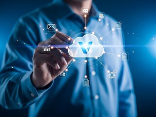 Man interacting with futuristic cloud computing technology and data exchange concepts
