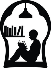 Person Reading a Book Inside a Glowing Lightbulb Symbolizing Ideas and Knowledge