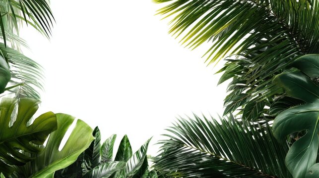 In a bright setting large green leaves of various shapes and sizes surround a central blank space. The sunlight highlights the vibrant colors of the foliage.