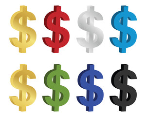 Golden 3d dollar signs, 8 Different colour 3D dollar signs. Floating metal coin symbol on white background. Golden, red, green, silver, black, blue colour dollar symbol. Vector illustration.