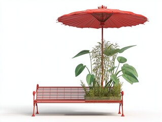Red metal garden bench with bamboo and large green plants under a red umbrella red bench metal bench