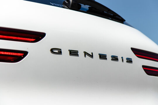 May 9, 2021, Seoul, South Korea - Close-up of the Genesis emblem and taillights on a white Genesis GV70 3.5T
