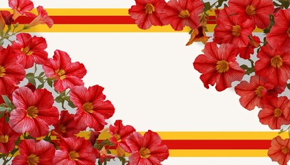 Red petunia flowers frame a white background with red and yellow stripes floral border