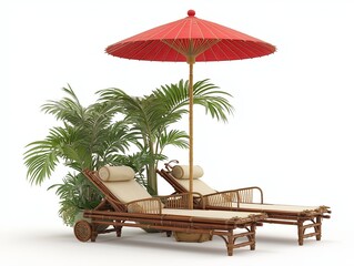Two bamboo lounge chairs under a red umbrella with palm plants on a white background palm trees