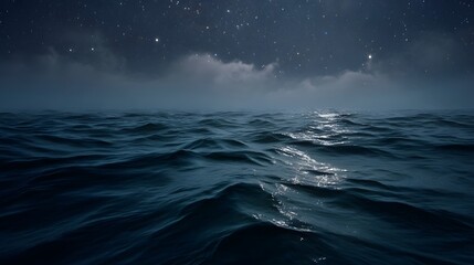 A vast ocean under a starry night sky with dramatic clouds and moonlight reflections