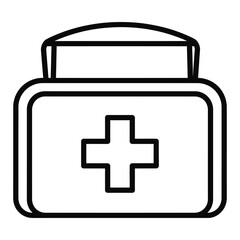 Fototapeta premium Line art icon of a medical container or jar with a plus symbol, indicating medication.