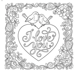 Doodle coloring book page cat with balloons. Valentine day illustration