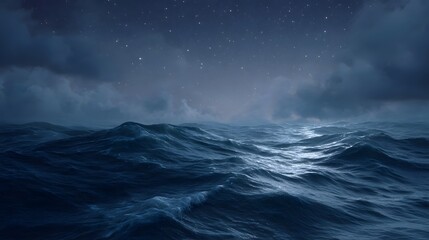 Dramatic stormy ocean waves under a vast starry night sky with dark clouds