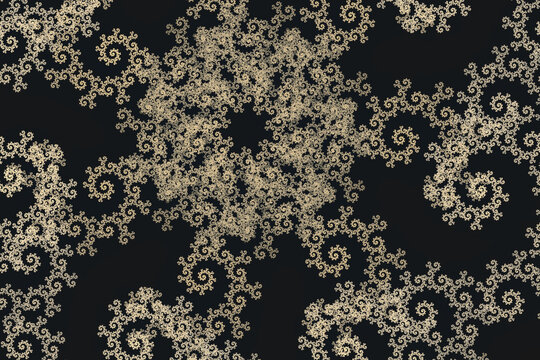 abstract fractal pattern with gold glitter snowflakes on a black background.