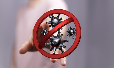 Hand holding red no entry sign with virus, concept of protection against corona, no covid-19. Health care and