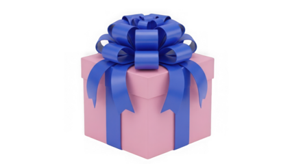 Elegant pink gift box with blue bow isolated on transparent background