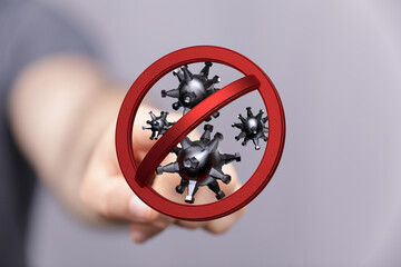 Hand reaching out to stop the spread of a virus, coronavirus prevention and protection against...