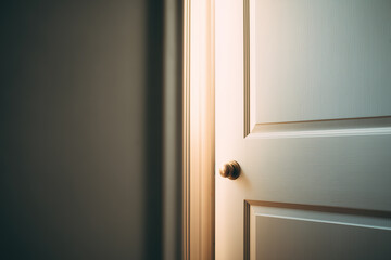 Minimalistic view of a partially open door with a wooden handle and soft light streaming through