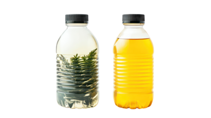 Two plastic bottles with natural liquid on transparent background