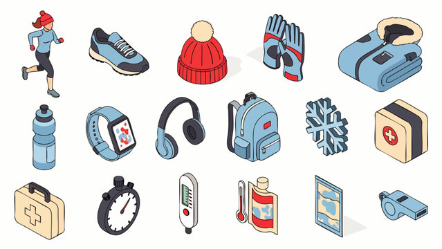 Isometric winter sports and outdoor activity equipment set: running, skiing, first aid, and gear collection
