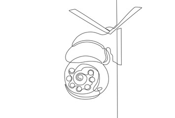 Minimalist line art of a CCTV security camera mounted on a wall corner, representing surveillance, safety, monitoring systems, privacy, and modern urban security infrastructure. Editable stroke