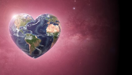 Heart-shaped Earth floats in pink cosmic space, symbolizing love, unity, environmental stewardship