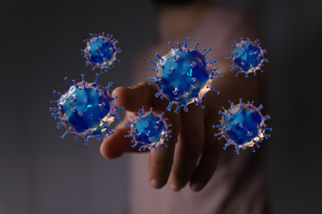 Digitally rendered illustration showing a person interacting with 3D models of viral particles, representing i
