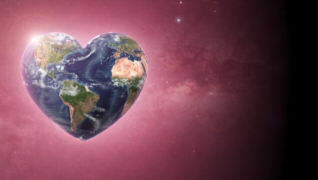 Heart-shaped Earth floats in pink cosmic space, symbolizing love, unity, environmental stewardship - Powered by Adobe