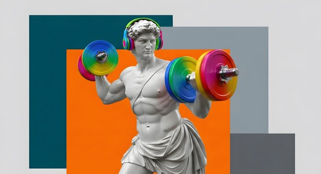 Classical statue head lifting dumbbells pop art style