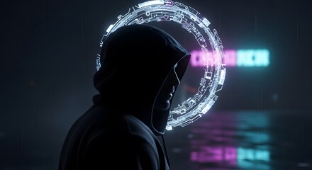 Silhouette of person with neon circle light