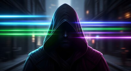 Hacker in hoodie with glitch effect background