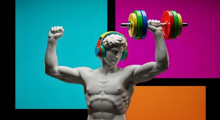 Classical statue lifting weights neon background