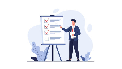 Businessman pointing at checklist on whiteboard, presentation, planning, success, strategy